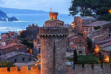 Tossa de Mar walled Old Town, medieval tower and battlement, rampart of the Vila Vella on Costa Brava, Catalonia, Spain