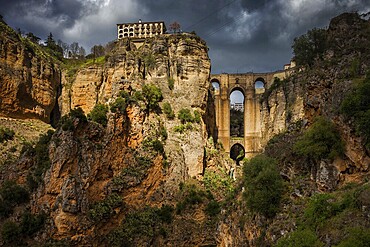 Spain, Ronda, picturesque Andalucia landscape with Puente Nuevo bridge over the El Tajo gorge