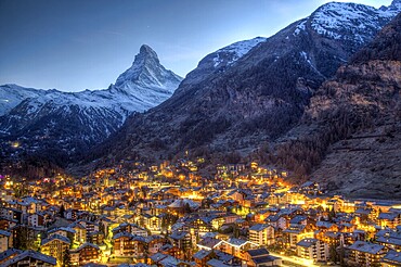 Panoramic view of the famous Matterhorn and Zermatt in the Swiss Alps in the evening