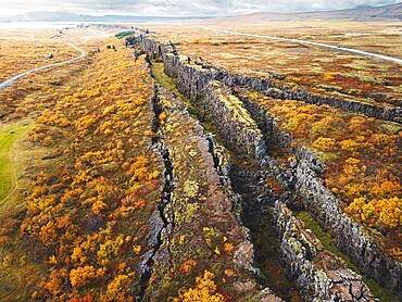 Aerial view of Thingvellir National Park, famous area in Iceland right on the spot where the Atlantic tectonic plates meets. UNESCO World Heritage Site, western Iceland, and site of the Althing.