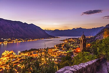 View on Kotor Bay and city from above at sunset, Montenegro