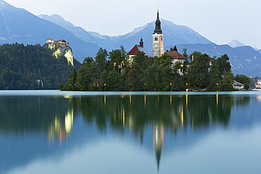 Bled Island and Bled Castle at dusk, Bled, Slovenia