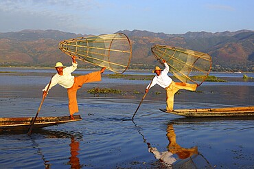 Myanmar travel attraction landmark, Traditional Burmese fishermen with fishing net at Inle lake in Myanmar famous for their distinctive one legged rowing style