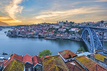 Porto Portugal, sunrise city skyline at Porto Ribeira with Douro River and Dom Luis I Bridge