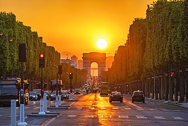 Paris France, city skyline sunset at Arc de Triomphe and Champs Elysée