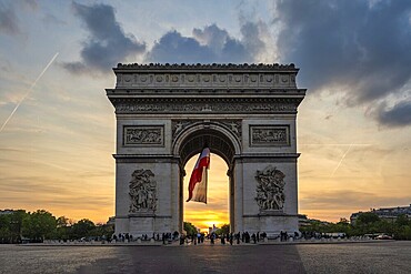 Paris France, city skyline sunset at Arc de Triomphe and Champs Elysees
