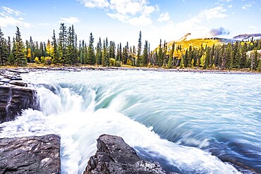The full-water bubbling waterfall of Athabasca. Clear autumn evening in Canada. Cold blue water at sunset. The concept of extreme and ecological tourism