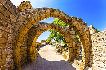 Excursion to the Archaeological Park of the Roman Empire in ancient Caesarea. The remains of the covered arcades. Sunny spring day. Israel. Concept of ecological and historical tourism