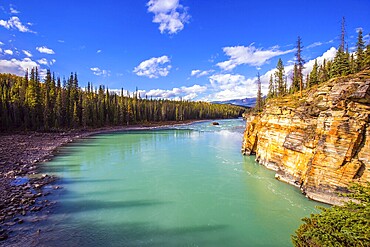 Athabasca River in the Rocky Mountains of Canada. Magnificent landscape in Jasper Park. Indian summer. Travel and photo tourism concept