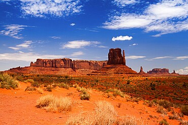 Iconic peaks of rock formations in the Navajo Park of Monument Valley in Utah
