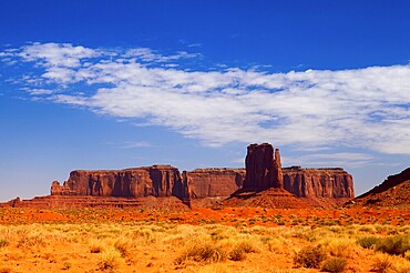Iconic peaks of rock formations in the Navajo Park of Monument Valley in Utah