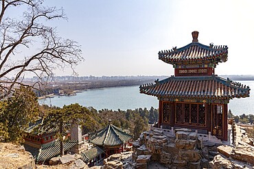 View from Longevity Hill at the Summer Palace across Kunming Lake towards Beijing, China in March 2013, Beijing, China