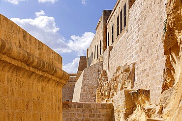 Walls of Fort St. Angelo, former fortress of the Knights of St. John, in Birgu, Malta, in 2017