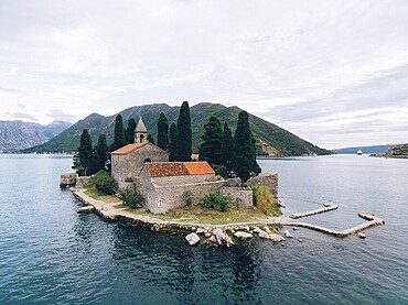 The island of Gospa od Skrpjela, Kotor Bay, Montenegro. Aerial survey of drones, Montenegro