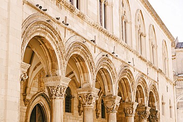 Dubrovnik, Croatia - 04 may 2016: The Princely Palace is a 14th-century Gothic and Renaissance palace museum with exhibitions of antique furniture and emblems in Dubrovnik, Croatia