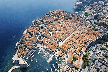 Rows of boats are moored in the port of the old town of Dubrovnik. Croatia. Drone., Хорватия