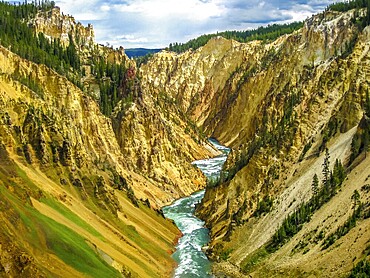 Lower Falls, most popular waterfall in Yellowstone, are located in head of the Grand Canyon in Yellowstone River. The yellow rocks gave name of Yellowstone National Park, Wyoming, United States