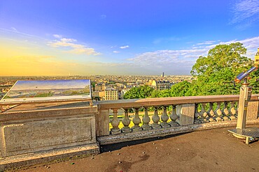 Paris, France - July 3, 2017: viewpoint of Paris skyline at sunset from terrace of Basilique du Sacre Coeur de Montmartre, the highest city point of Paris, France, Paris-18E-Arrondissement, Francia