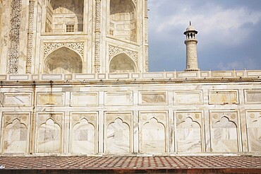 White marble structure of platform and single pillar of Taj Mahal seven wonder of world, Agra, Uttar Pradesh, India