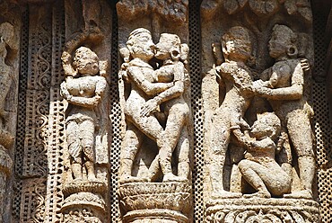Erotic statues carved on wall of Konarak sun temple, Konarak, Orissa, India World Heritage