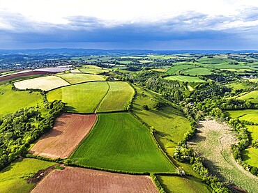 Farms and Fields over River Dart from a drone, Stoke Gabriel, Totnes, Devon, England, United Kingdom