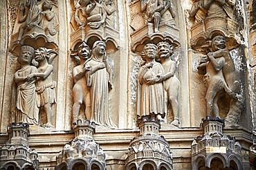 Medieval Gothic sculptures of the south portal of the Cathedral of Chartres depicting the Last Judgement, UNESCO World Heritage Site, Chartres, France