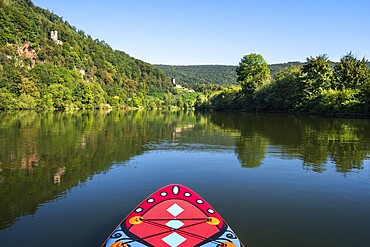 SUP board on the Neckar near Neckarsteinach. The Schwalbennest castle ruins at the top left, the Hinterburg ruins in the centre. Neckarsteinach, Odenwald, Rhine-Neckar district, Baden-Württemberg, Germany