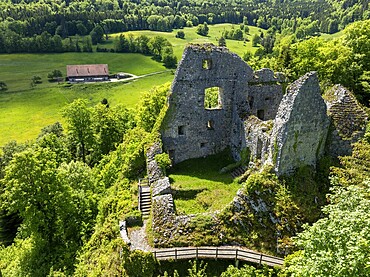 Historic site ruins of the Château de Löwenburg, drone image, Pleigne, Jura, Switzerland