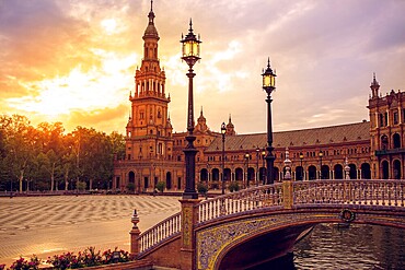 Seville Sevilla Plaza de Espana at sunset in Andalusia Spain square