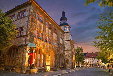Stadt Nordhausen Rathaus sunset city hall with Roland figure in Thuringia Germany