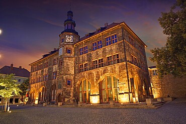 Stadt Nordhausen Rathaus sunset city hall with Roland figure in Thuringia Germany