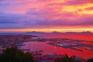Vigo skyline and port sunset in Galicia of Spain