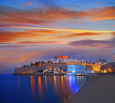 Peniscola skyline and castle beach sunset in Castellon of Spain
