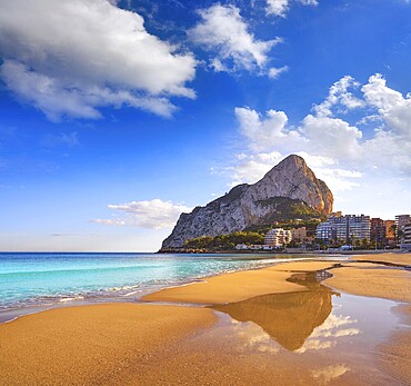 Playa de Fossa beach in Calpe and Ifach penon rock of Alicante in Spain
