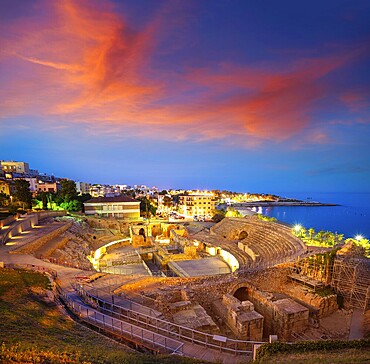 Amphitheater of Tarragona roman ruins at sunset in Catalonia Spain