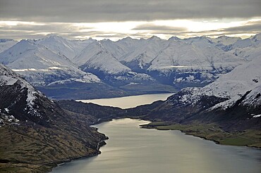 Narrow neck of land separating Lakes Wanaka (at back) and Hawea, Otago, New Zealand