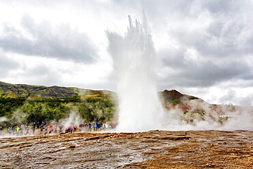 Active Strokkur, tourists observe eruption, high temperature area Haukadalur, tourist attraction at the Golden Circle, Sudurland, Iceland