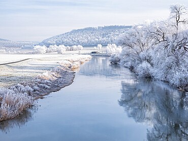 The river Unstrut in the Unstrut valley in winter, fields, trees and forests covered with hoarfrost, Memleben, Saxony-Anhalt, Germany