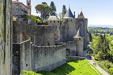 Walls of the medieval fortified town of La Cité Médiévale, UNESCO World Heritage Site, Carcassonne, Aude, Occitania, France