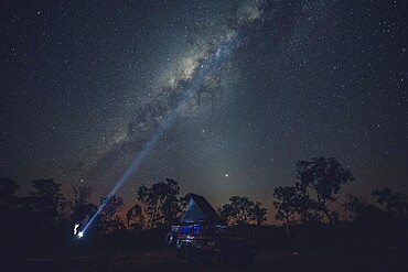 Milky Way in the Australian outback. Camping in a Landrover rooftop tent, Australia