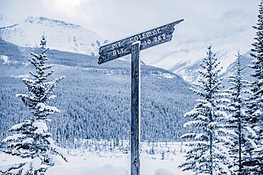 Winter road trip on the Icefields Parkway with lots of snow and ice, Banff National Park, Jasper National Park, Alberta, Canada