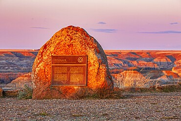 The brass plaque commemorating Dinosaur Provincial Park as a UNESCO World Heritage Site, Alberta, Canada