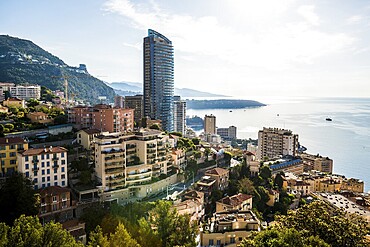 Panorama, Skyline with skyscrapers by the sea, Monte Carlo, Cote d'Azur, Monaco