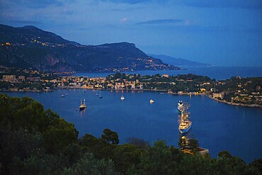 Panorama, blue hour, sunset, view from Mont Boron, Saint-Jean-Cap-Ferrat, Cap Ferrat, Alpes Maritimes, Provence Alpes Cote d'Azur, French Riviera, South of France, France