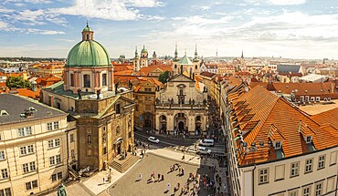 Square of Knights of the Cross with St. Salvator Church and Church of St Francis, view from Old Town Bridge Tower near the Charles Bridge and Vltava River