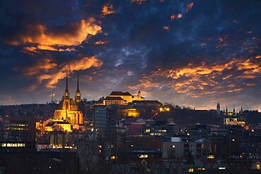 Brno city in the Czech Republic. Europe. Petrov - Cathedral of Saints Peter and Paul and Spilberk castle. Beautiful old architecture and a popular tourist destination. Night photography of the city landscape