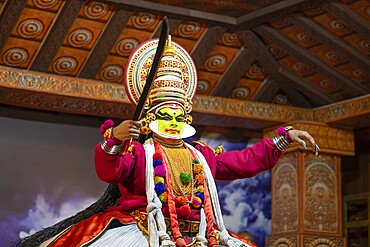 Kathakali performance in Kerala, malayalam traditional classic indian dance, mime, drama and music act, hindu mythology story, puranas, Thekkady in India, 25.03.2025