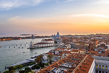Basilica di Santa Maria della Salute on the Grand Canal at sunset, view from the Campanile di San Marco bell tower, city view of Venice, Veneto, Italy