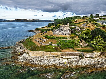 St Mawes Castle from a drone, Carrick Roads, River Fal, Falmouth, Cornwall, UK