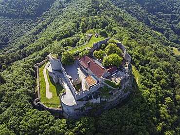Luftbild von der hochmittelalterlichen Burgruine, Höhenburg Hohenneuffen am Albtrauf, Neuffen, Landkreis Esslingen, Schwäbische Alb, Baden-Württemberg, Deutschland